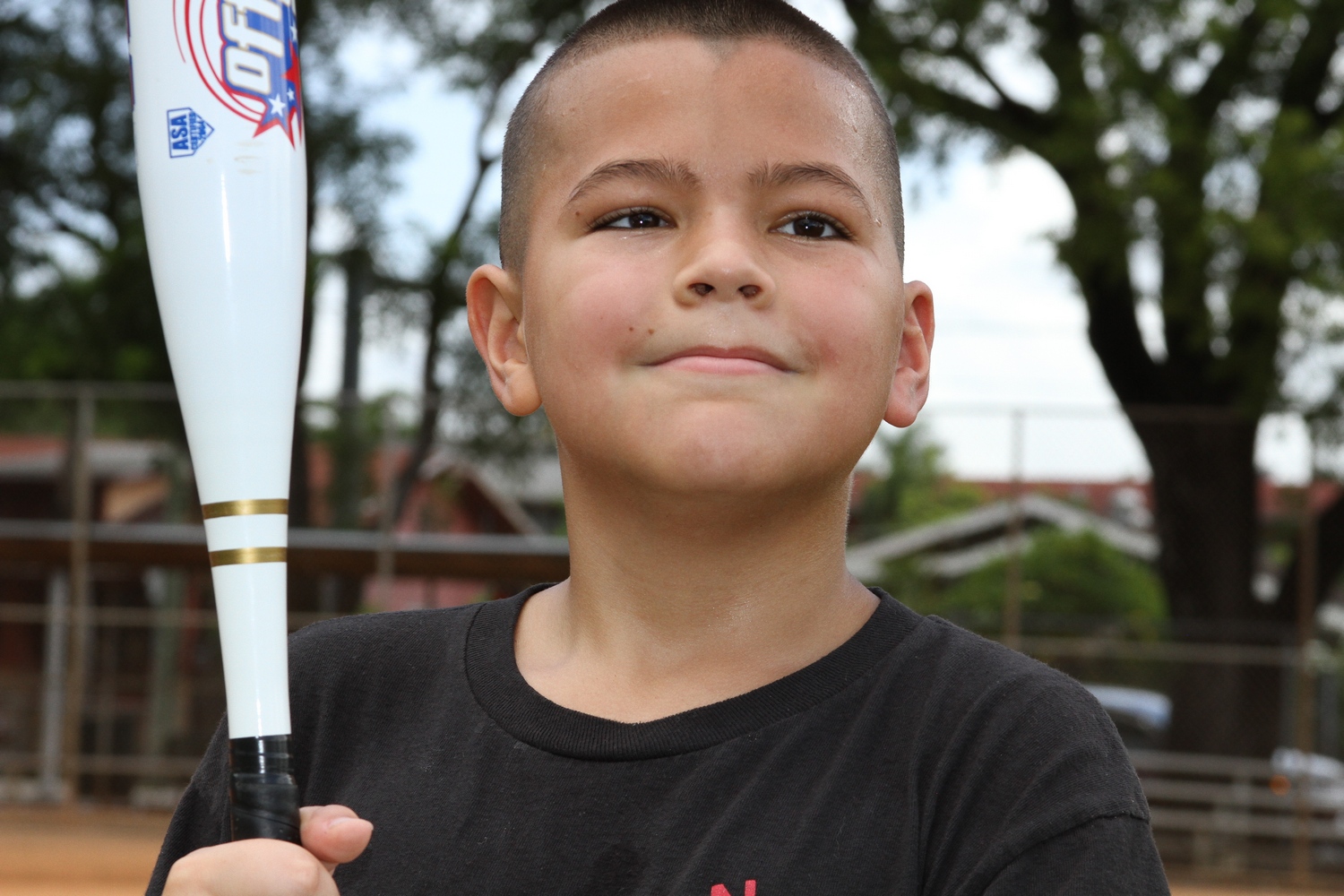 A Boy wearing a black shirt holding a baseball bat.