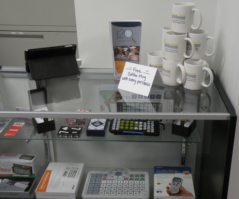 Assistive technology devices in a display case.