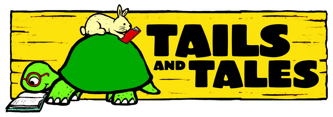 Tails and tales summer reading 2021 banner. Hare laying on a turtle's back. Both are reading books.