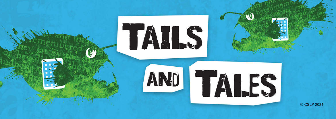 Tails and tales summer reading 2021 banner. Fish carrying digital book pads under their fins.