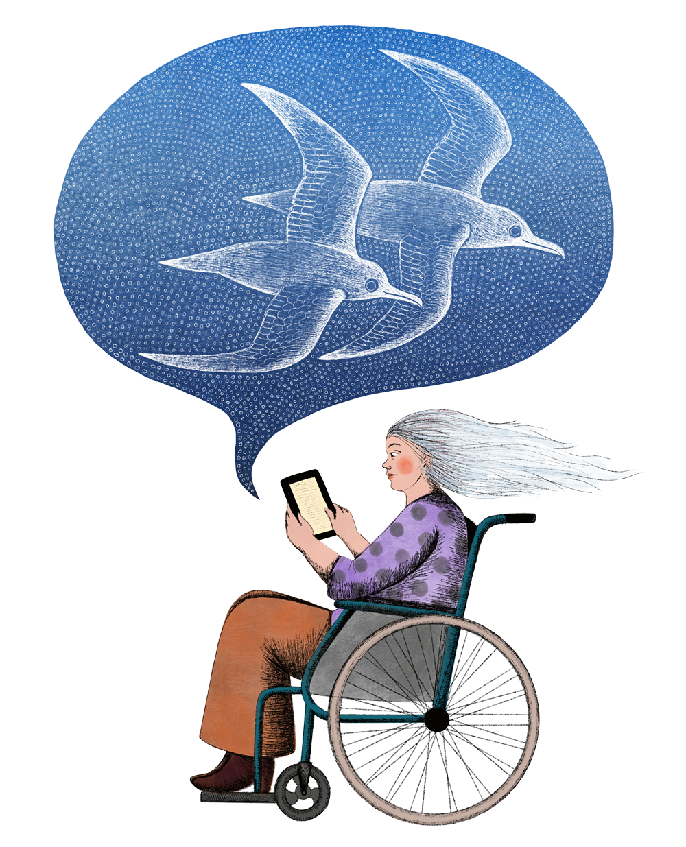 Girl sitting in a wheelchair reading a book and dreaming of the ocean.