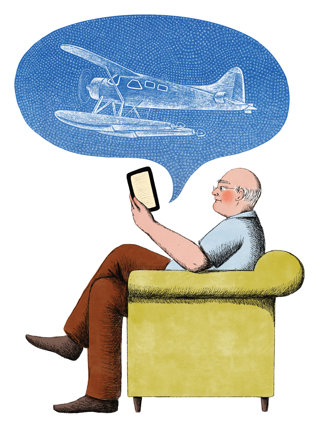 Man sitting in easy chair reading a book.