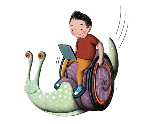Kid riding a snail.