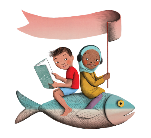Two kids riding a fish and reading a book.