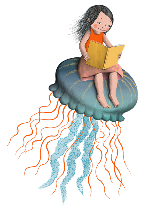 Girl sitting on sea creature reading a book.