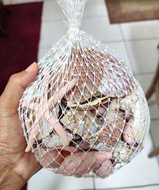 A net bag full of painted seashells, in white and various shades of pink. Some are also brown and natural looking, with a shine.