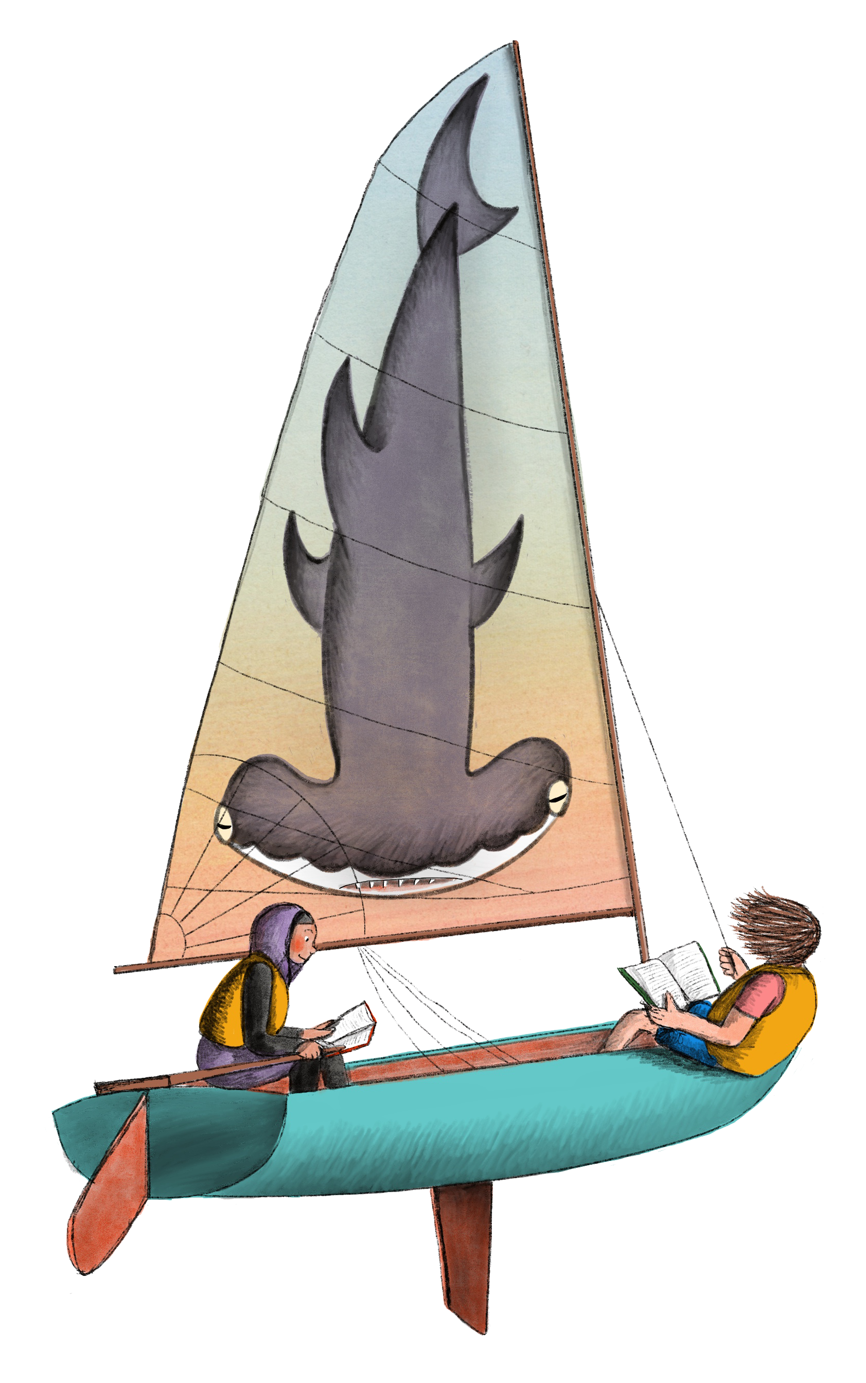 Two teens in a boat reading books. Picture of hammer head shark on the sail.