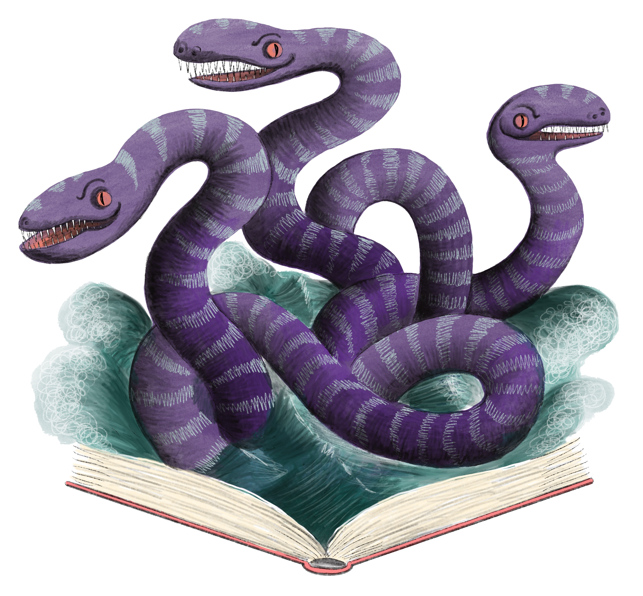 Sea serpents coming out of a book.