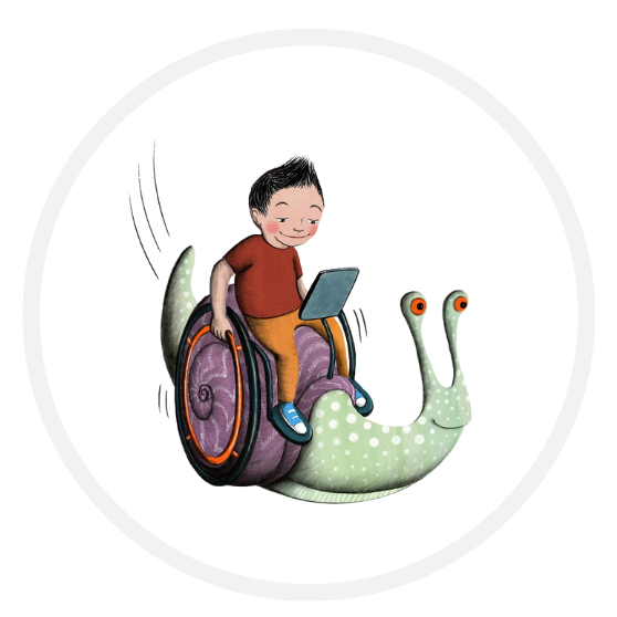 Kid on a snail made like a wheelchair reading a book.