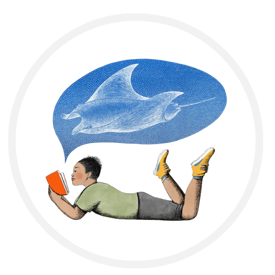 Person laying on stomach reading a book and dreaming of the ocean.