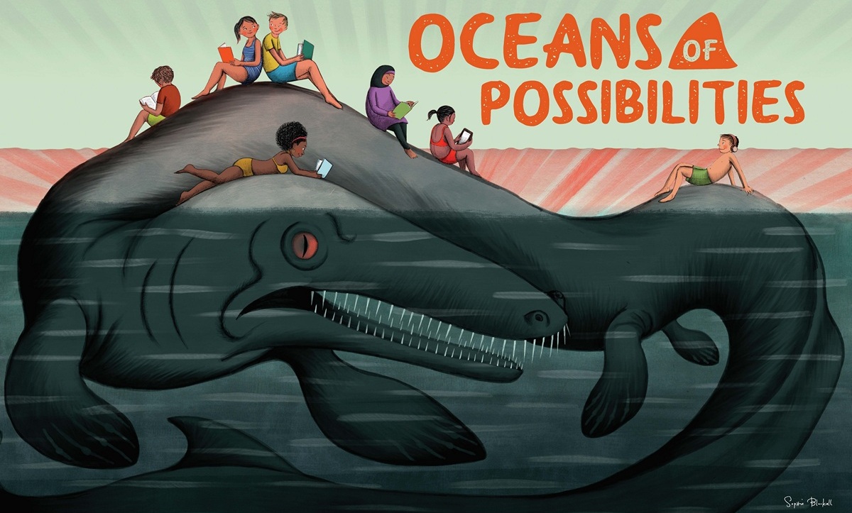 Summer reading 2022 theme banner, oceans of possibilities. Image is of kids sitting all over a sea serpent reading books.