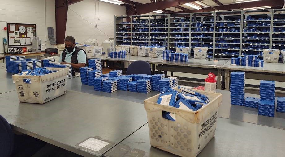 One end of the sorting area table in circulation.