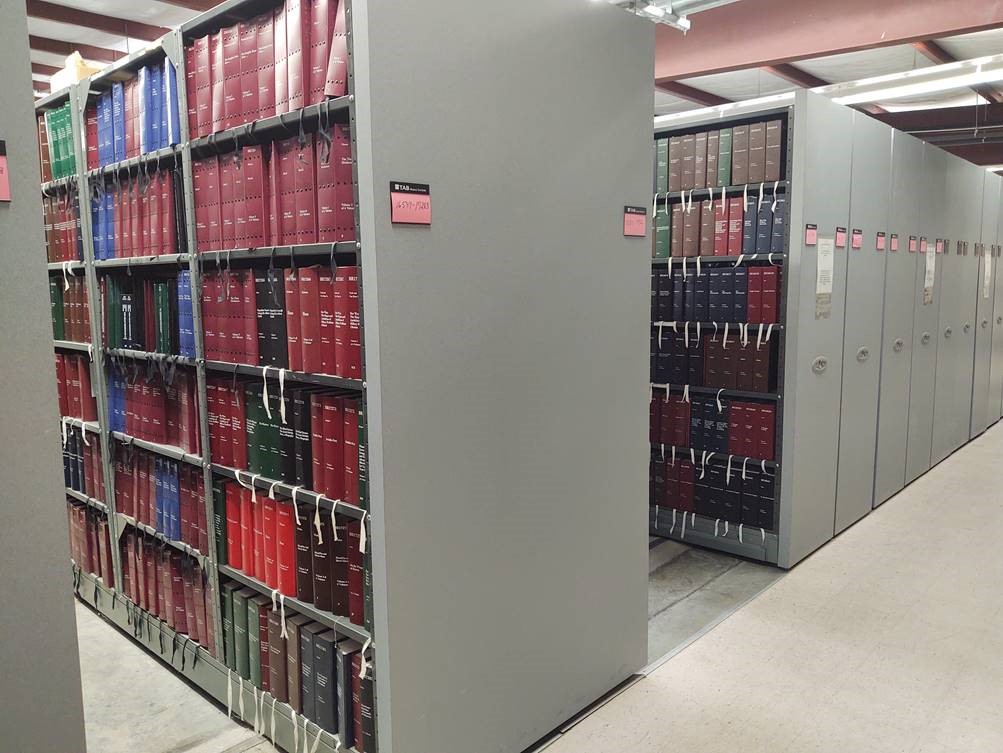 Movable Braille shelving units.