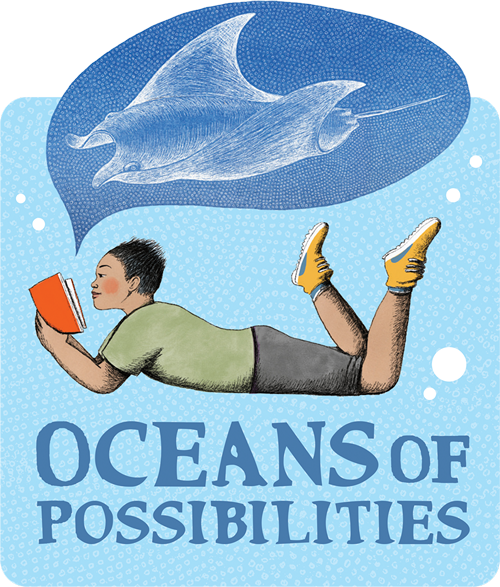 Person laying on their stomach reading a book and dreaming of the ocean.