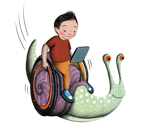 Kid riding a snail.