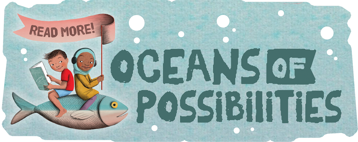 Boy and girl riding a fish and reading a book with a banner that says read more.