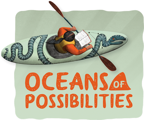 Teen sitting in a canoe with an orr reading a book.