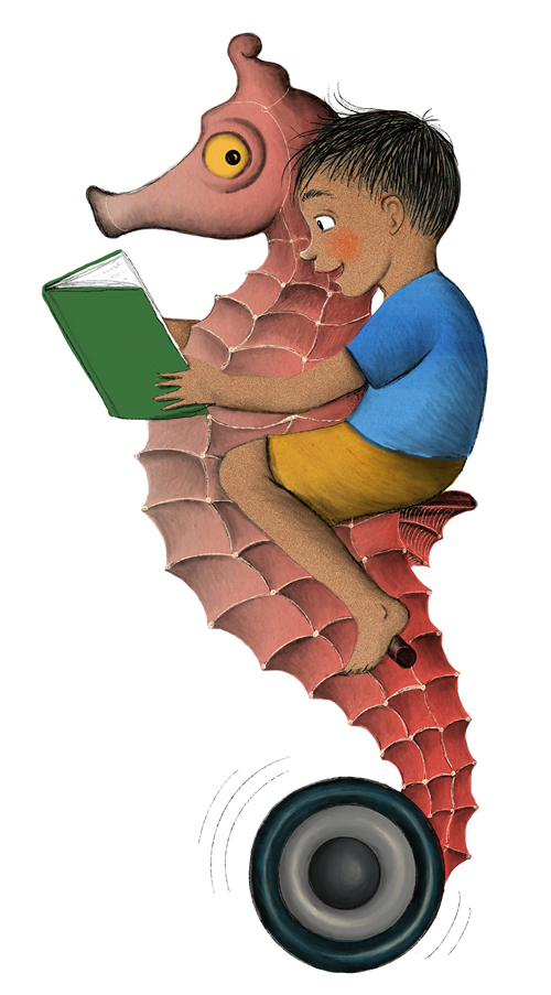 Kid riding a seahorse.